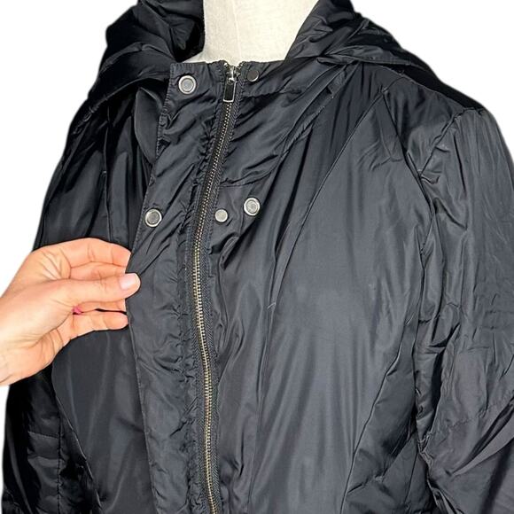 EILEEN FISHER Black Down Full Zip Snap Puffer Jacket Split Hood Women's Size Med - Picture 5 of 9